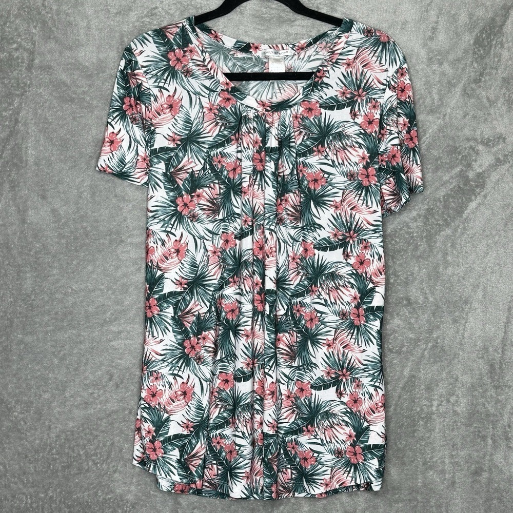 Emily Stacy 3X Shirt Top Green Pink Floral Flower Short Sleeve V Neck Stretch